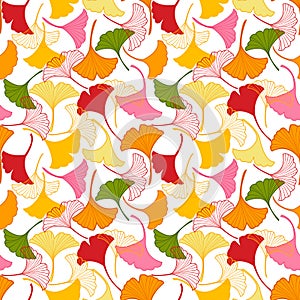 Vector seamless pattern with yellow and pink ginkgo leaves falling, illustration abstract autumn leaf drawing on white background