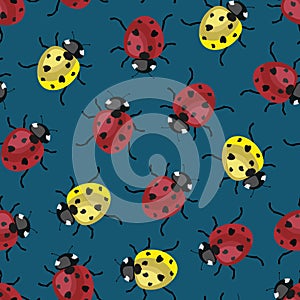 Vector seamless pattern with yellow and red ladybugs on blue background.