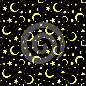 Vector seamless pattern with yellow stars and crescents on black.