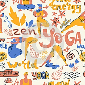 Vector seamless pattern with yogis and yoga symbols. photo