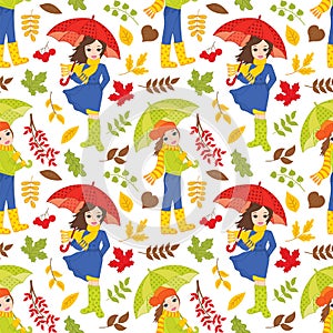 Vector Seamless Pattern with Young Girls and Autumn Colorful Leaves