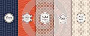 Vector seamless patterns collection. Set of vintage colorful background swatches with labels.