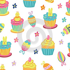 Vector seamless patterns with easter cupcakes and eggs.