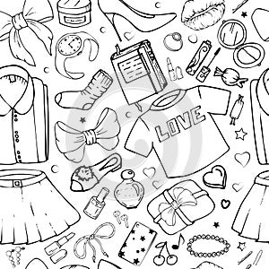 Vector seamless patterns with girls stuff. Fashion illustration with women`s clothing, jewelry, cosmetics, gifts and romance.