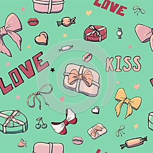 Vector seamless patterns with girls stuff. Fashion illustration with women`s clothing, jewelry, cosmetics, gifts and romance.