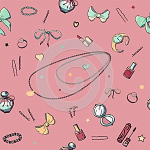 Vector seamless patterns with girls stuff. Fashion illustration with women`s clothing, jewelry, cosmetics, gifts and romance.
