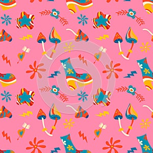 Vector seamless patterns, groovy hippie backgrounds, Retro 70s psychedelic. Bright funky print.