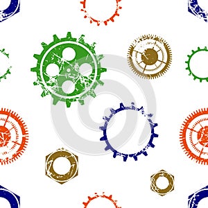 Vector seamless patterns with mechanism of watch. Creative geometric colorful grunge backgrounds with gear wheel.