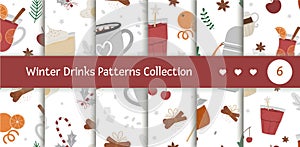 Vector seamless patterns set with winter traditional warming drinks. Repeating backgrounds
