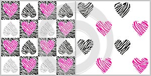 Vector seamless patterns with zebra stripes hearts in gray and pink colors.