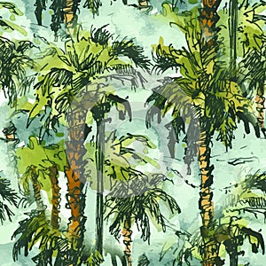 Vector Seamless patternwith tropical palm trees.. Watercolor splash with hand drawn sketch illustration. retro colorful photo