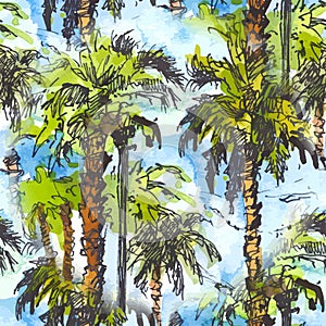 Vector Seamless patternwith tropical palm trees.. Watercolor splash with hand drawn sketch illustration. retro colorful photo