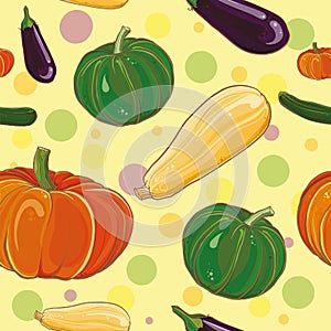 Vector seamless pettern with eggplant, pumpkin, squash and zucchini