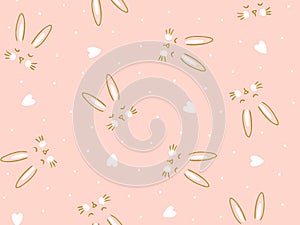 Vector seamless pink background with little cute bunny and heart.