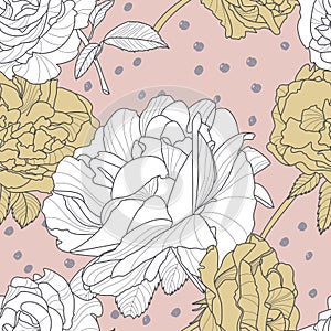 Vector seamless pink pattern with hand drawn rose flowers. Floral illustration with white and golden roses.