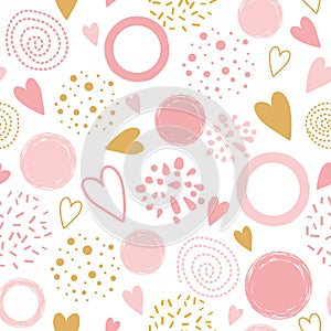 Vector seamless pink pattern heart ornament decorated pink hand drawn round shapes Pyjama print