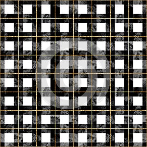 Vector seamless plaid pattern with black watercolor and gold glitter stripes. Hand drawn kilt checkered background