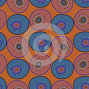 Vector seamless polka dot pattern. Illustration of circles with dots in dark orange and blue