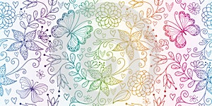 Vector seamless rainbow floral valentines pattern with hearts and dotty butterflies in doodle style