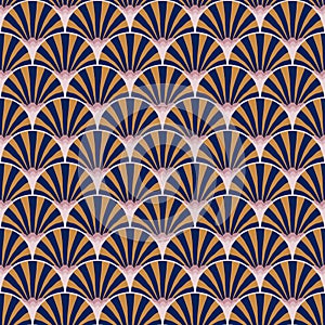 Vector seamless repeat pattern drawing of blue and yellow striped random on fan pattern and shell curve for fashion clothing fabri