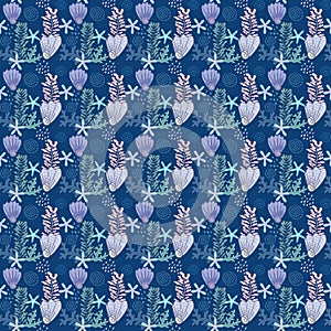 Vector seamless repeat pattern drawing of seashell, coral, starfish, under ocean , for fashion fabric textiles, wallpaper printed,