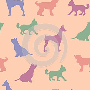 Vector seamless repeating childish pattern with cute dogs, cats in Scandinavian style. Animals background with dog, cat