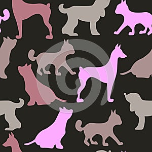 Vector seamless repeating childish pattern with cute dogs, cats in Scandinavian style. Animals background with dog, cat