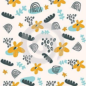 Vector seamless repeating pattern with hand drawn flowers, rainbow, dots, doodles and different shapes.