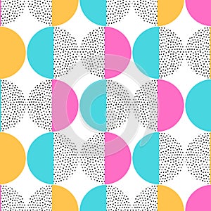 Vector seamless retro memphis pattern with round geometric elements. Trendy geometry in hipster style. Suitable for posters