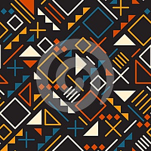 Vector Seamless Retro 80's Jumble Geometric Line Shapes Tela Orange Color Pattern on Black Background photo