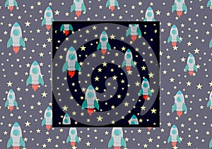 Vector Seamless Rocket and Stars Pattern with Cartoon rocket with stars on dark blue background in flat style with