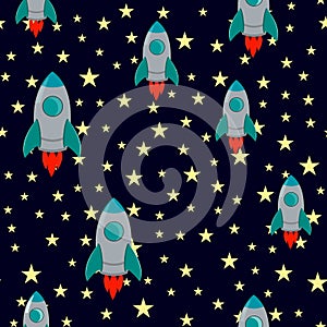 Vector Seamless Rocket and Stars Pattern with Cartoon rocket with stars on dark blue background in flat style.