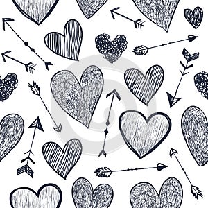 Vector seamless romantic pattern. Hearts and arrows love background, doodle hand drawn style. Use for packaging