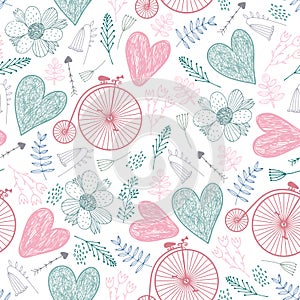 Vector seamless romantic pattern. Hearts, florals, vintage bicycles spring, summer, wedding background.