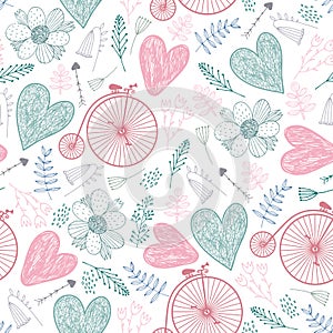 Vector seamless romantic pattern. Hearts, florals, vintage bicycles spring, summer, wedding background. photo