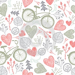 Vector seamless romantic pattern. Hearts, florals, vintage bicycles spring, summer, wedding background. photo