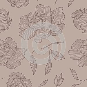 Vector seamless roses pattern, line vintage drawing. Nude colors flowers and leaves feminine print, romantic spring
