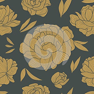 Vector seamless roses pattern, line vintage drawing. Nude colors flowers and leaves feminine print, romantic spring