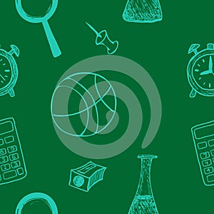 Vector seamless school pattern on green background.