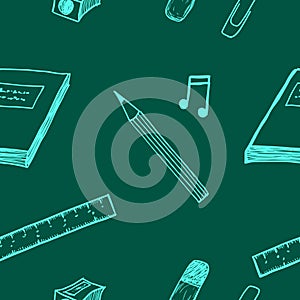 Vector seamless school pattern on green background.