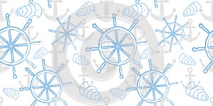 Vector seamless sea pattern with ship`s wheel, anchor. Cartoon print.
