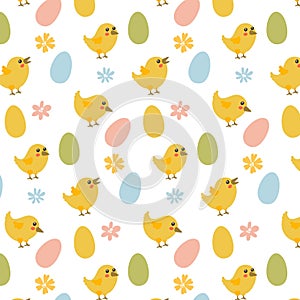 Vector seamless simple drawing with colored decorated eggs, chickens and flowers. Easter festive white background for