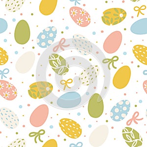 Vector seamless simple drawing with painted decorated eggs, bows and dots. Easter holiday white background for printing