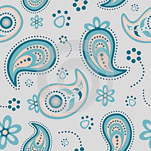 Vector seamless soft paisley background pattern blue and pink