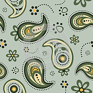 Vector seamless soft paisley background pattern green and yellow flower beautiful ornament