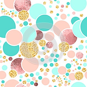 Vector seamless sparkle pattern with turquoise, pink foil and gold glitter circles