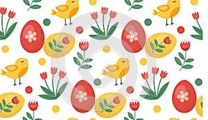 Vector seamless spring pattern with birds and plants. Easter pattern. cartoon bunnies
