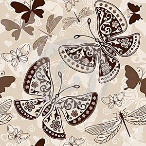 Vector seamless spring pattern with butterflies and dragonflies