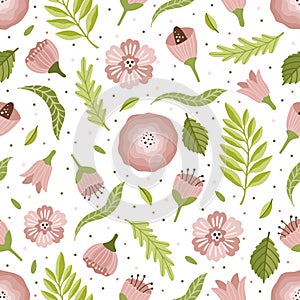 Vector seamless spring pattern with flowers, bouquets, plants