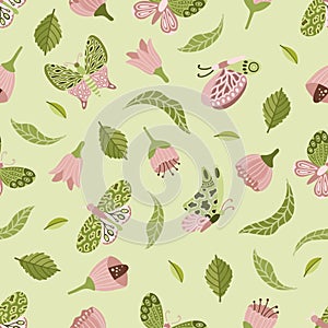 Vector seamless spring pattern with flowers, bouquets, plants